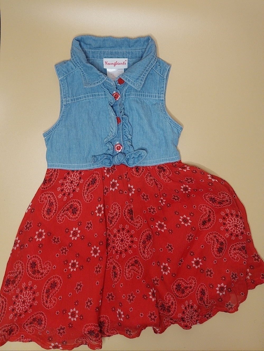 Young Hearts Red Paisley Skirt Denim Bodice Dress for Girls
